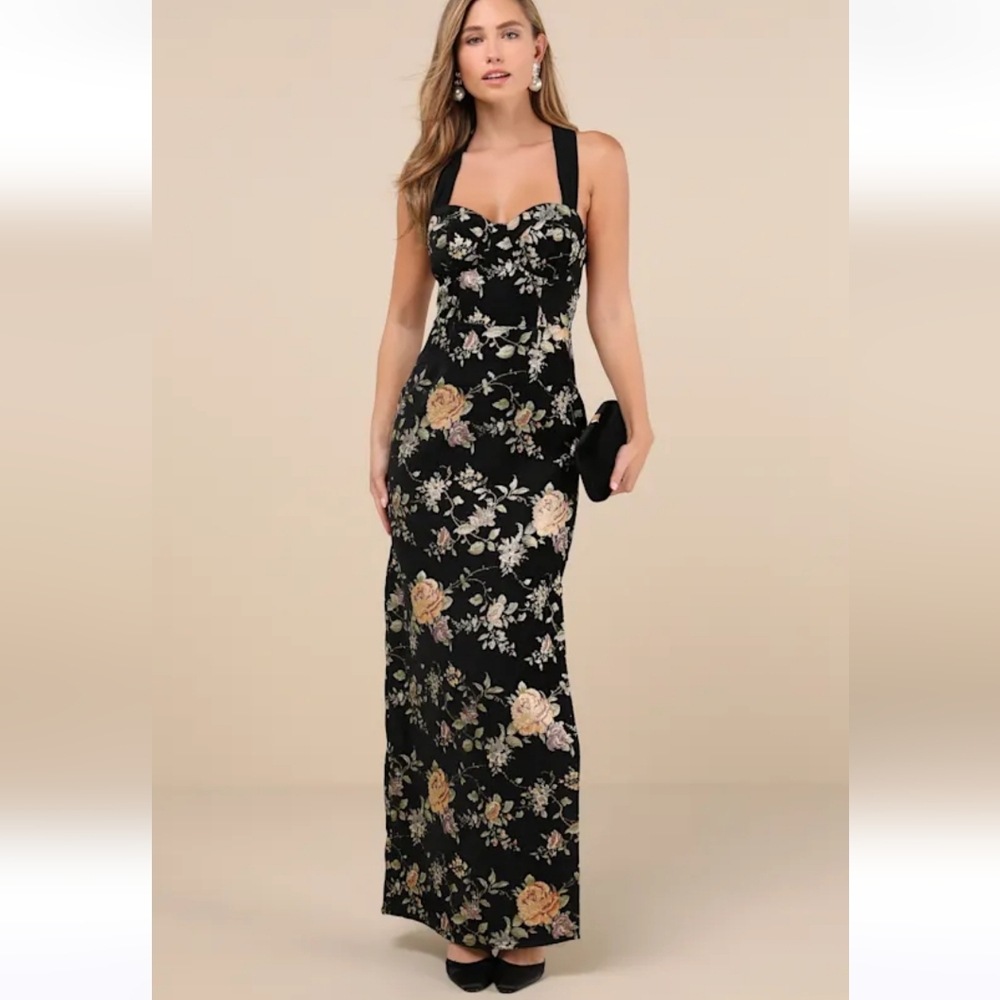 LuLus - Pemberley Black Jacquard Lace-Up Maxi Dress